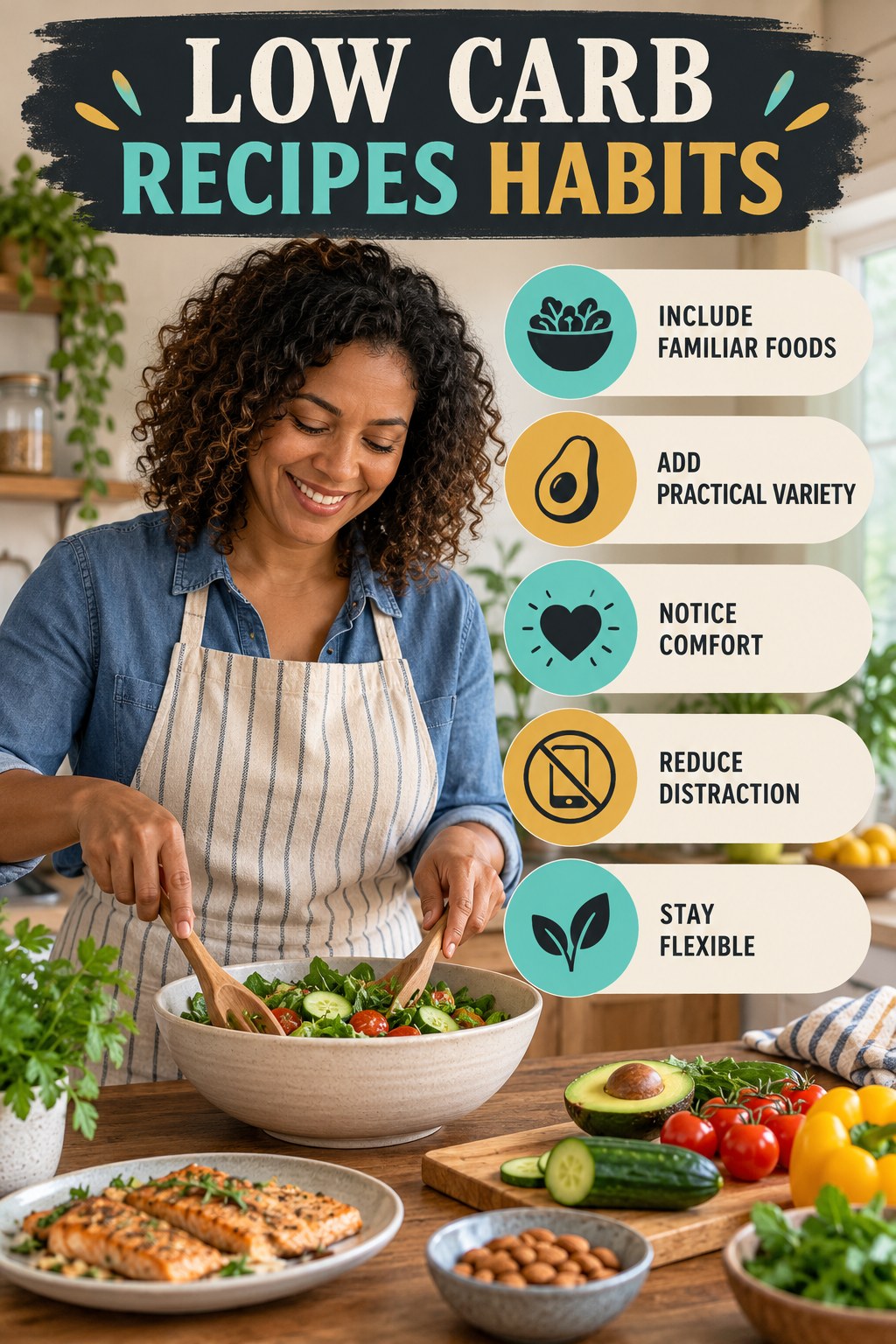 Balanced Eating Habits for Low Carb Recipes with five readable habit cues and a realistic board-relevant wellness scene.