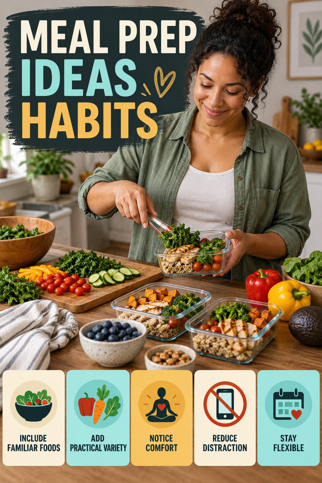 Balanced Eating Habits for Meal Prep Ideas with five readable habit cues and a realistic board-relevant wellness scene.