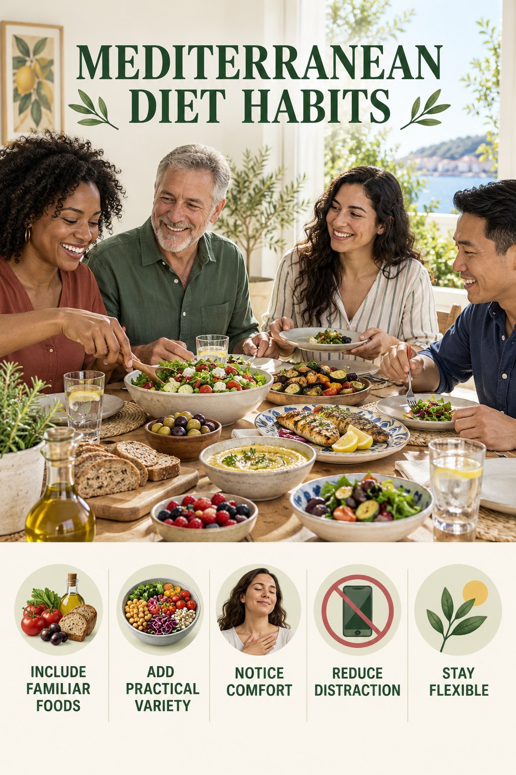 Balanced Eating Habits for Mediterranean Diet with five readable habit cues and a realistic board-relevant wellness scene.