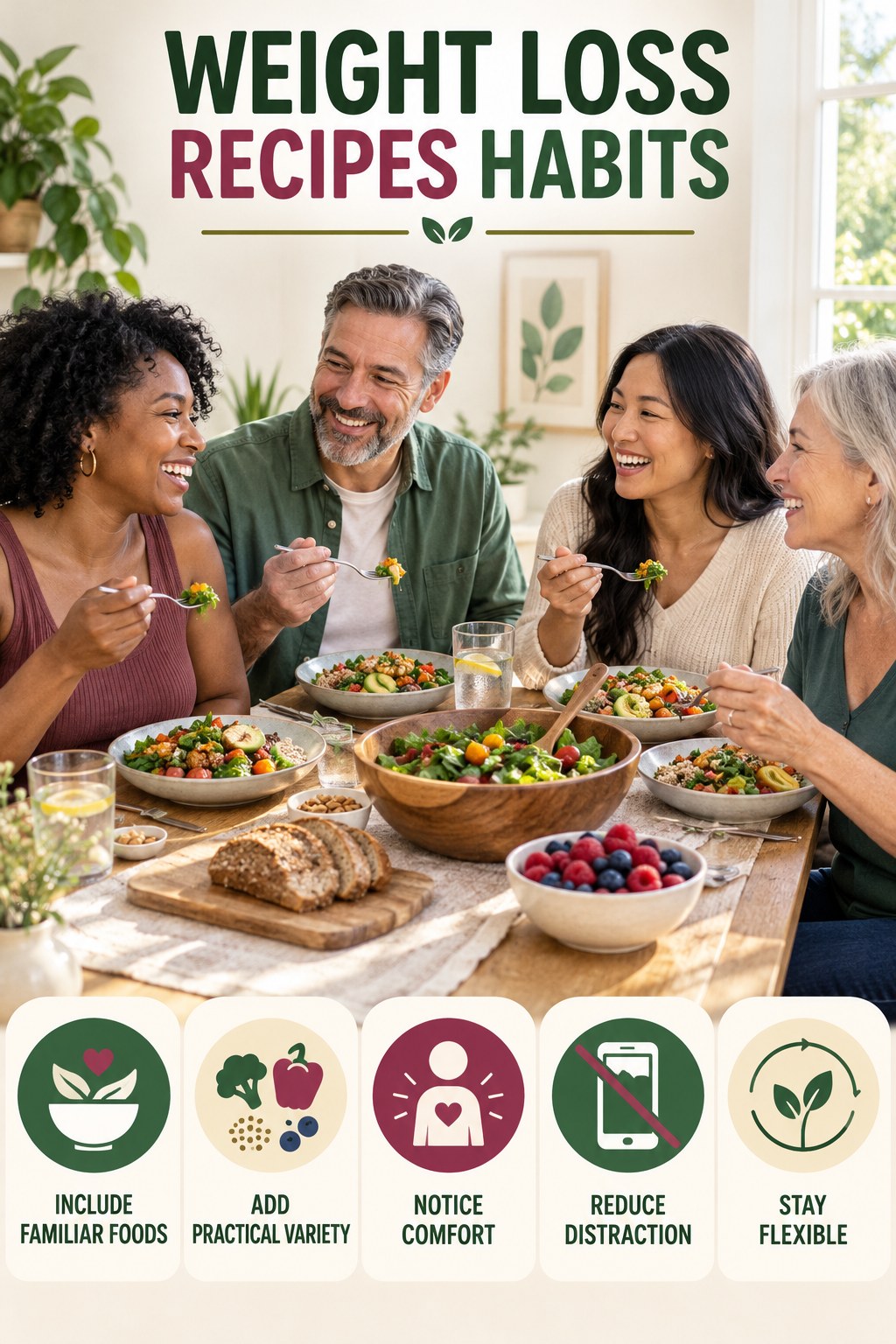 Balanced Eating Habits for Weight Loss Recipes with five readable habit cues and a realistic board-relevant wellness scene.