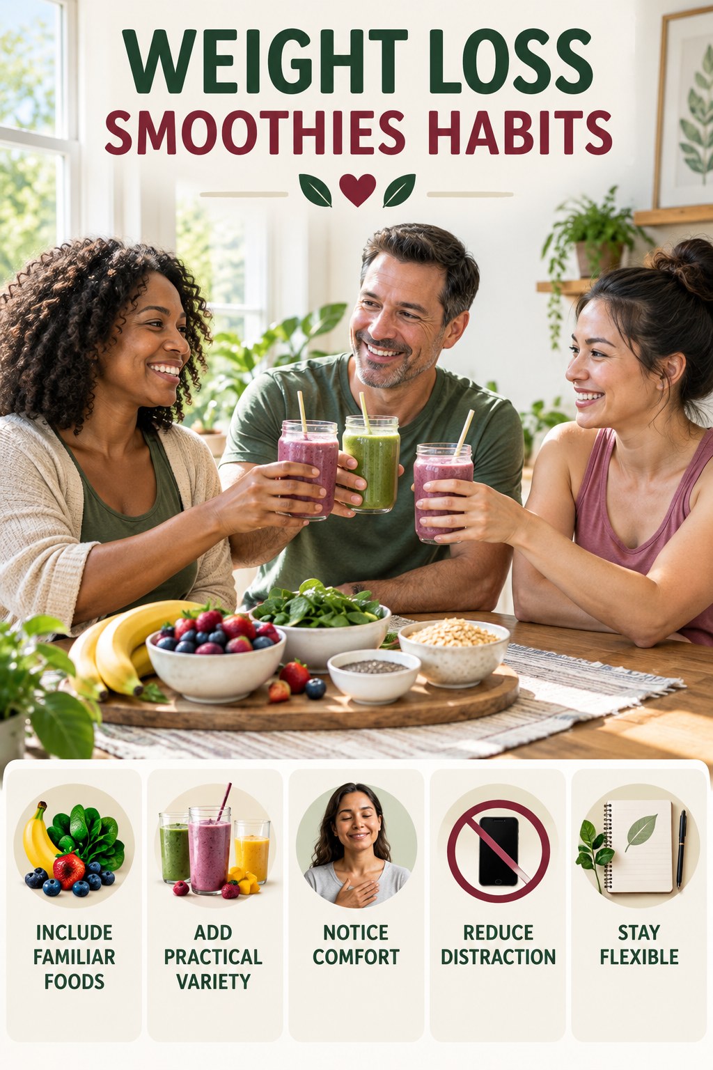 Balanced Eating Habits for Weight Loss Smoothies with five readable habit cues and a realistic board-relevant wellness scene.
