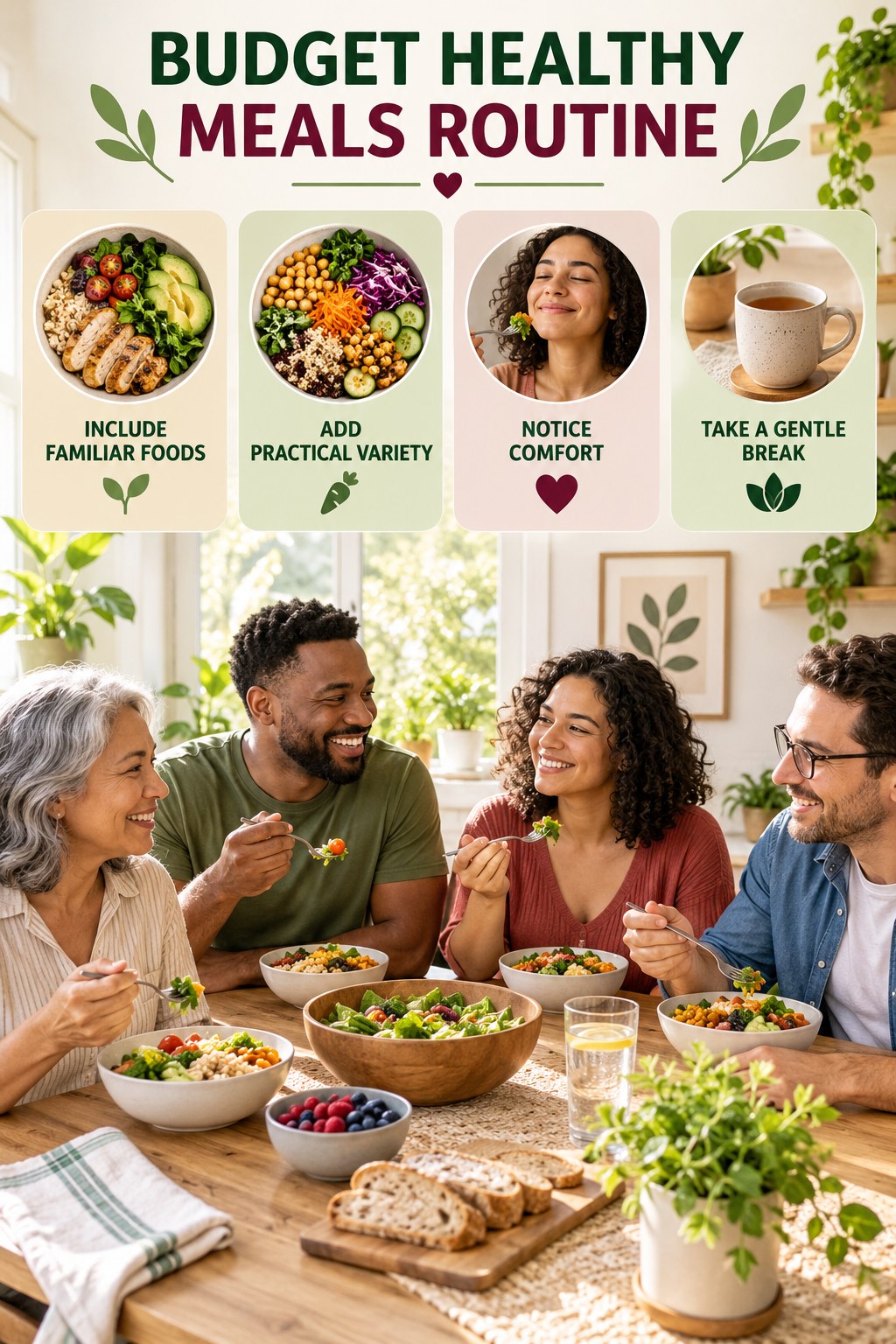 Balanced Eating Wellness Routine for Budget Healthy Meals with four readable routine cues and a realistic board-relevant wellness scene.