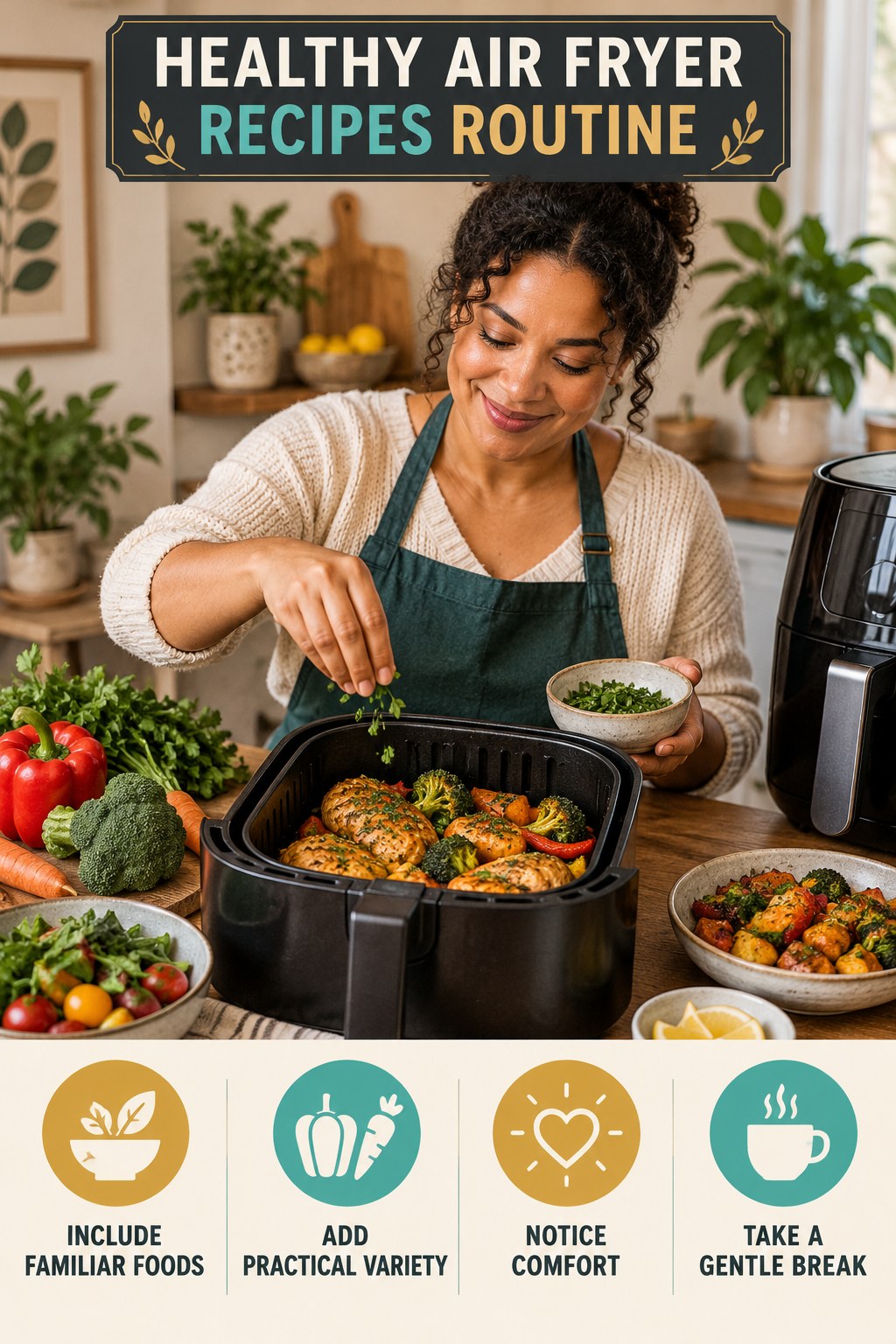 Balanced Eating Wellness Routine for Healthy Air Fryer Recipes with four readable routine cues and a realistic board-relevant wellness scene.