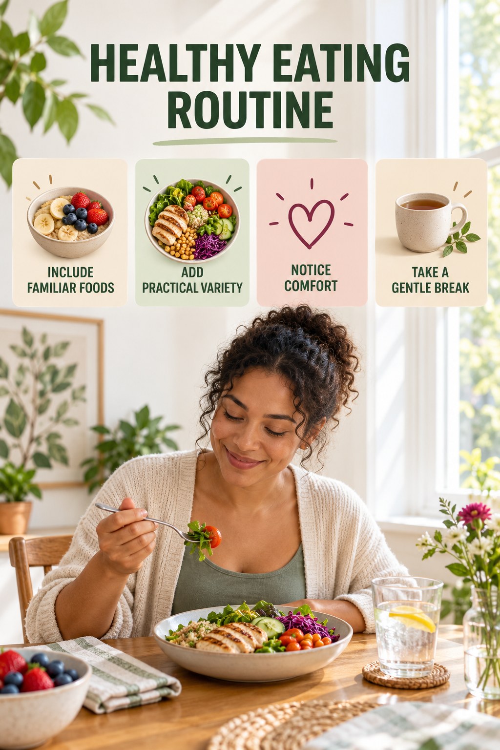 Balanced Eating Wellness Routine for Healthy Eating with four readable routine cues and a realistic board-relevant wellness scene.