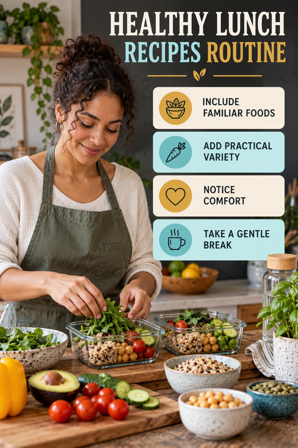 Balanced Eating Wellness Routine for Healthy Lunch Recipes with four readable routine cues and a realistic board-relevant wellness scene.