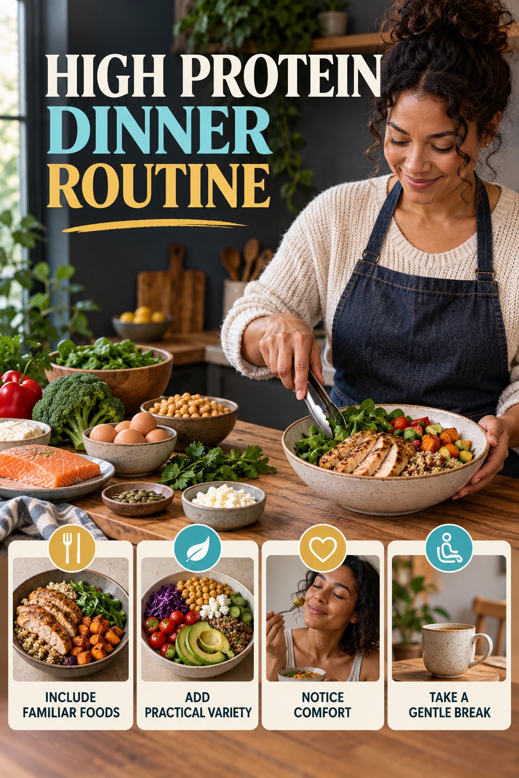 Balanced Eating Wellness Routine for High Protein Dinner with four readable routine cues and a realistic board-relevant wellness scene.