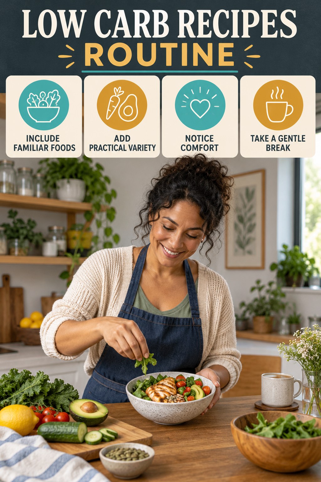 Balanced Eating Wellness Routine for Low Carb Recipes with four readable routine cues and a realistic board-relevant wellness scene.