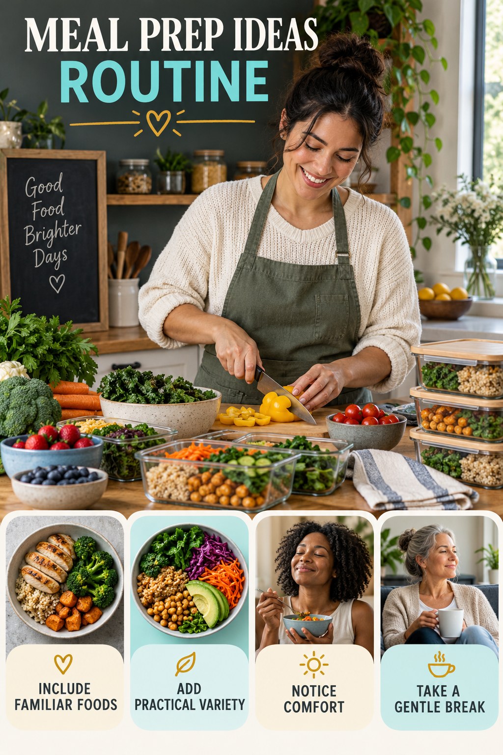 Balanced Eating Wellness Routine for Meal Prep Ideas with four readable routine cues and a realistic board-relevant wellness scene.