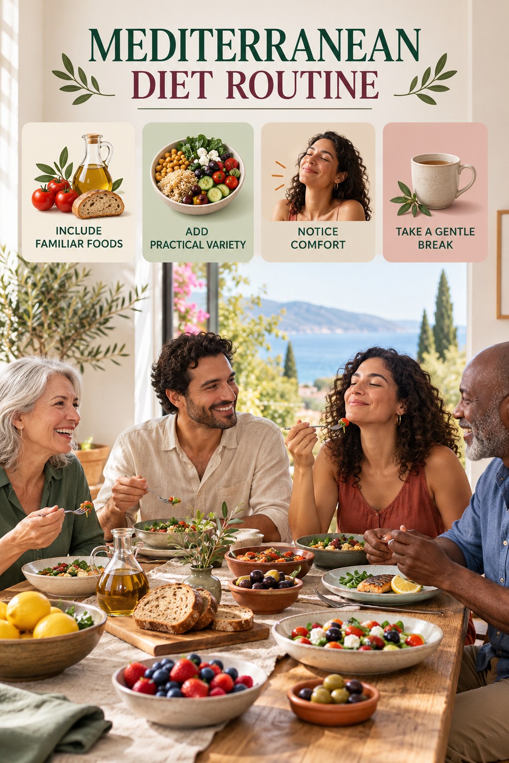 Balanced Eating Wellness Routine for Mediterranean Diet with four readable routine cues and a realistic board-relevant wellness scene.