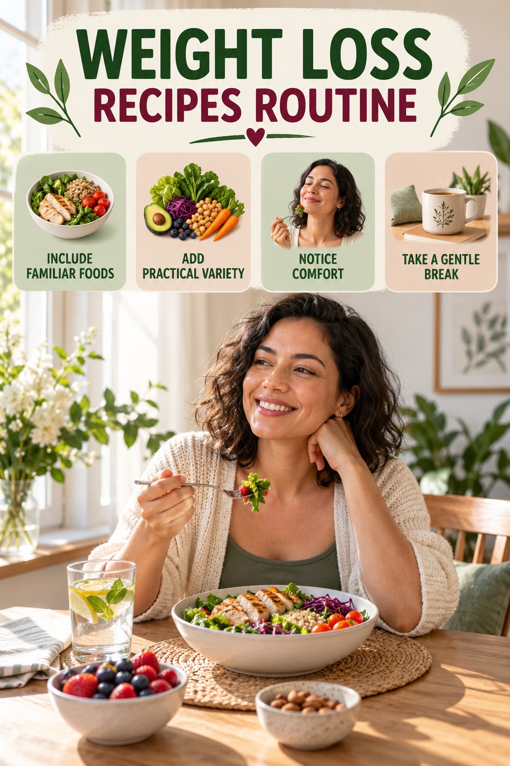 Balanced Eating Wellness Routine for Weight Loss Recipes with four readable routine cues and a realistic board-relevant wellness scene.