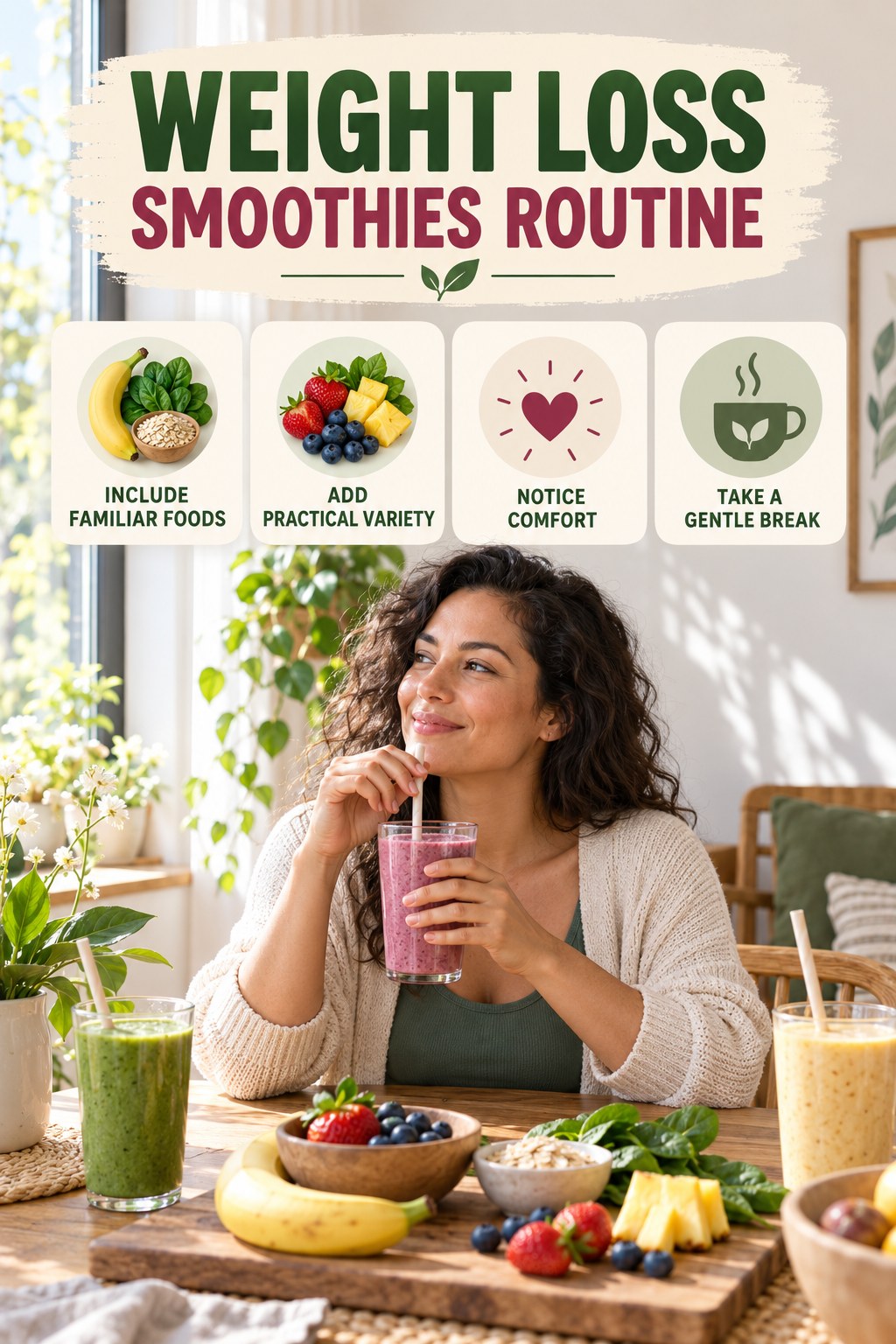 Balanced Eating Wellness Routine for Weight Loss Smoothies with four readable routine cues and a realistic board-relevant wellness scene.