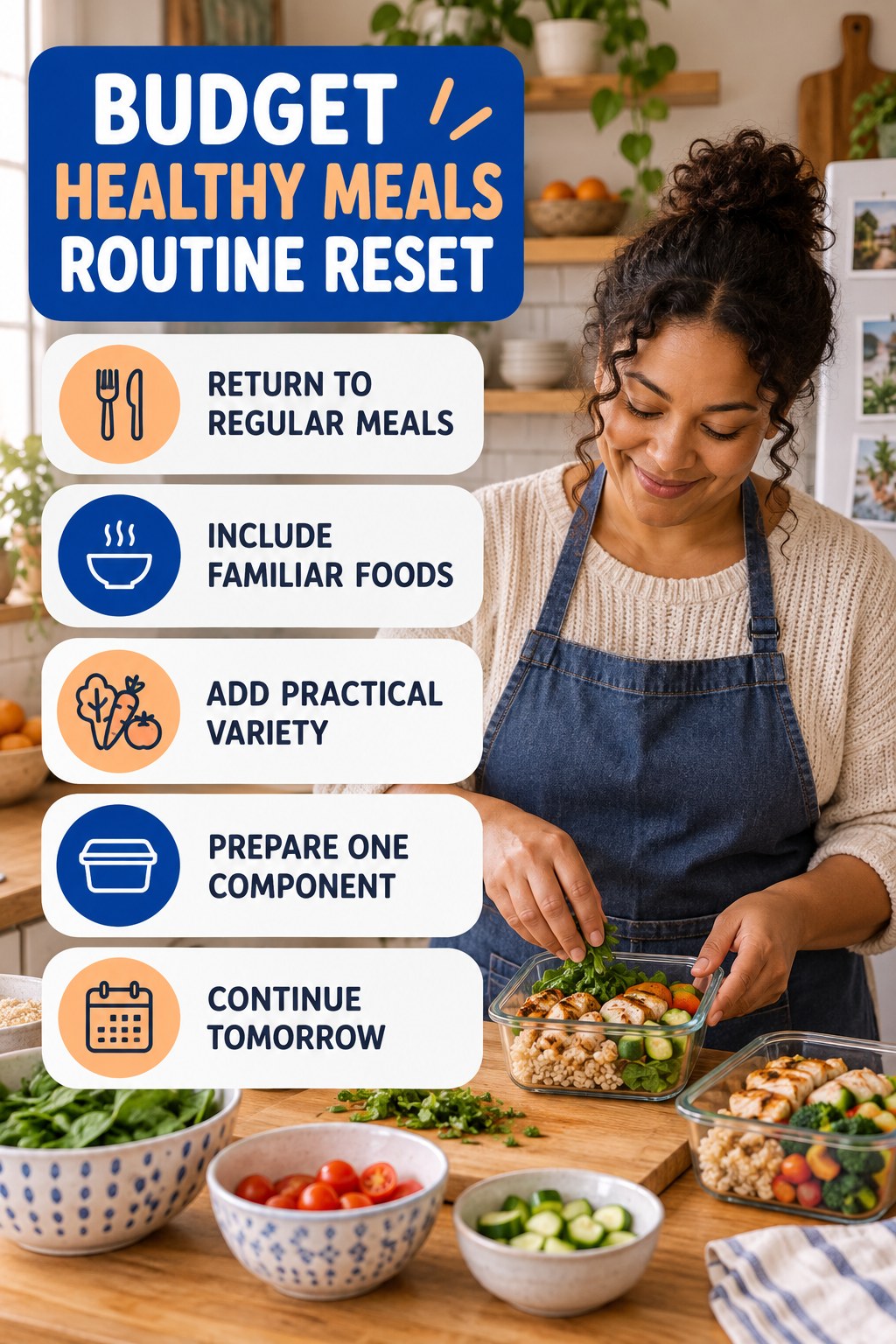 Balanced Meal Routine Reset for Budget Healthy Meals with five readable routine-reset cues and a realistic board-relevant wellness scene.