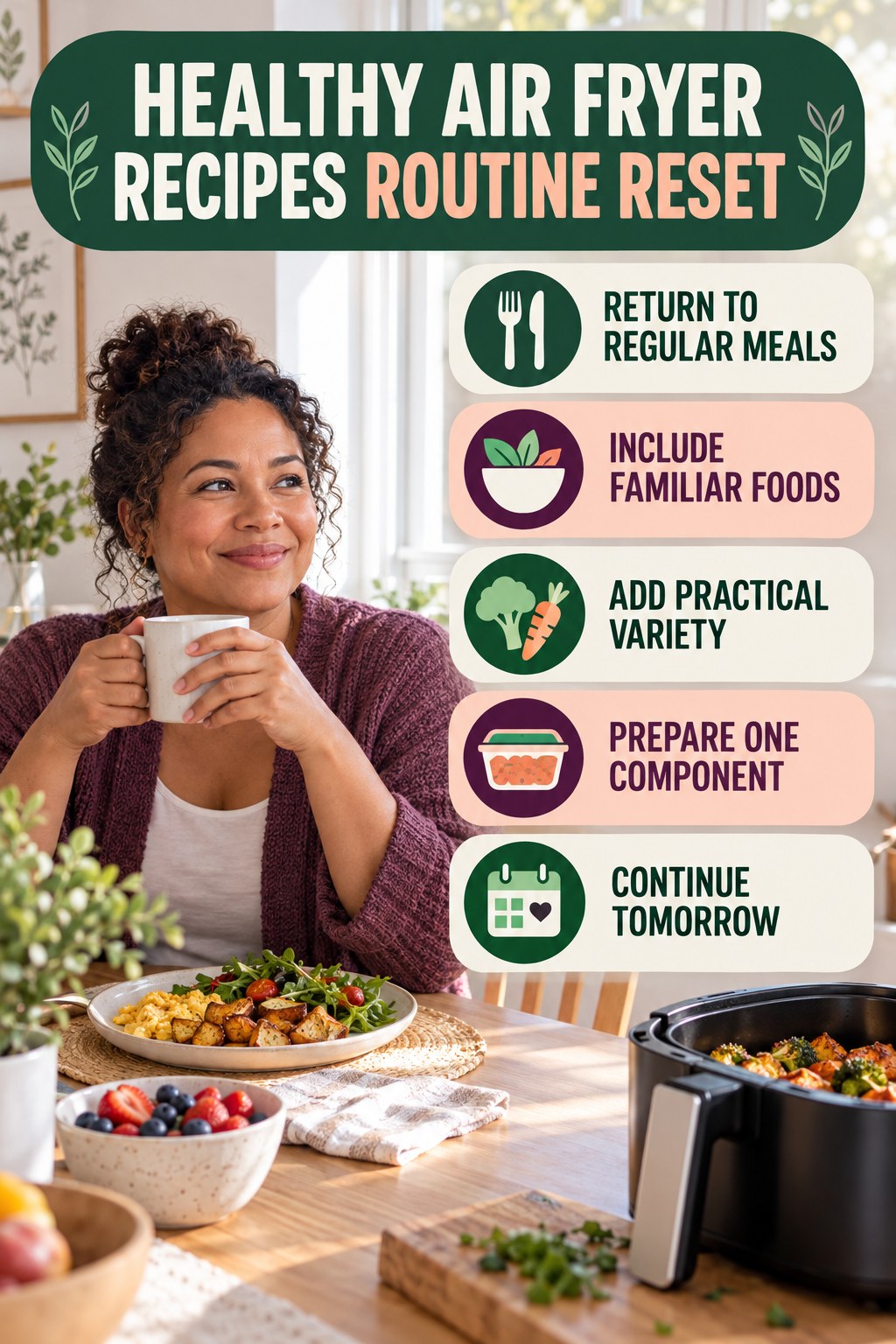 Balanced Meal Routine Reset for Healthy Air Fryer Recipes with five readable routine-reset cues and a realistic board-relevant wellness scene.