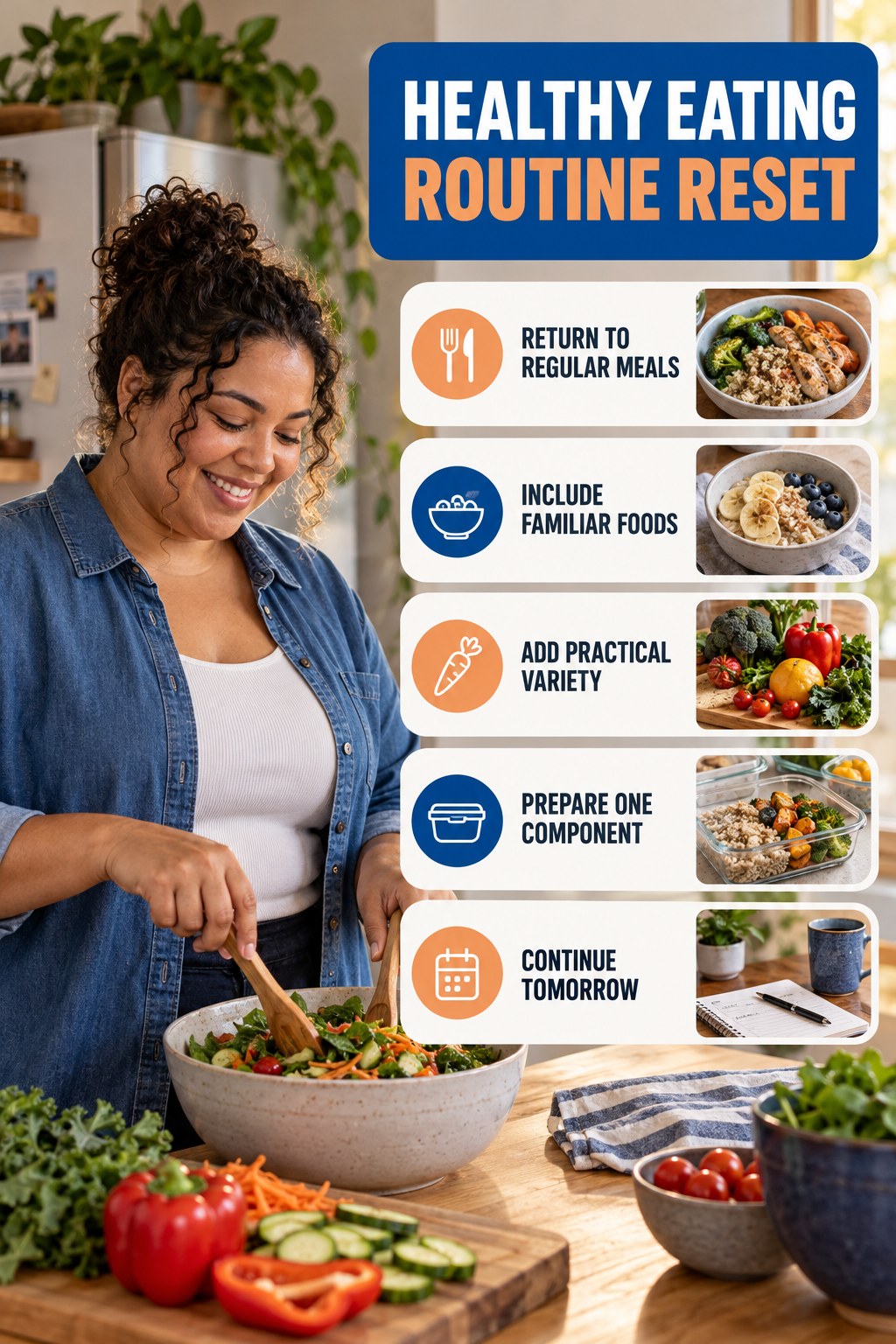Balanced Meal Routine Reset for Healthy Eating with five readable routine-reset cues and a realistic board-relevant wellness scene.