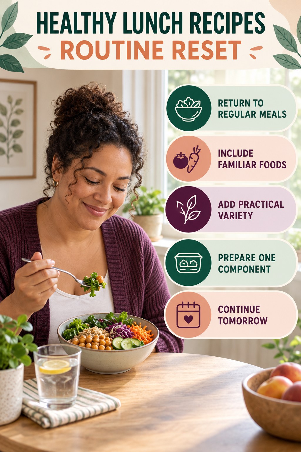 Balanced Meal Routine Reset for Healthy Lunch Recipes with five readable routine-reset cues and a realistic board-relevant wellness scene.