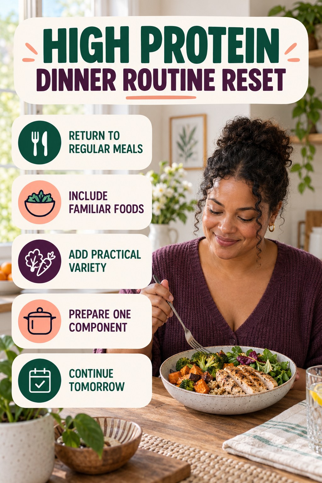 Balanced Meal Routine Reset for High Protein Dinner with five readable routine-reset cues and a realistic board-relevant wellness scene.
