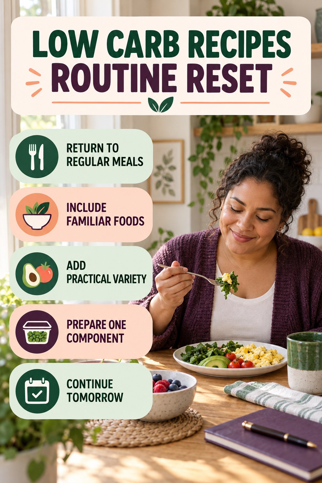 Balanced Meal Routine Reset for Low Carb Recipes with five readable routine-reset cues and a realistic board-relevant wellness scene.