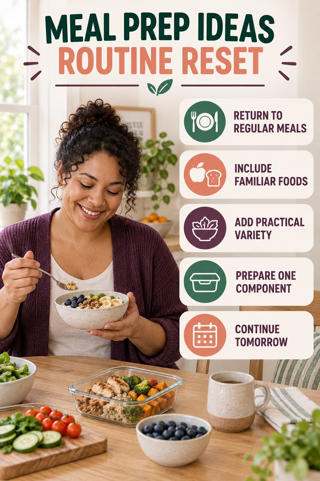 Balanced Meal Routine Reset for Meal Prep Ideas with five readable routine-reset cues and a realistic board-relevant wellness scene.