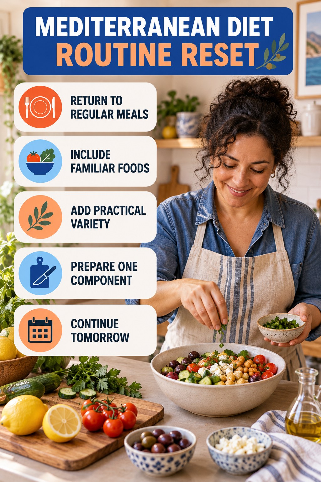 Balanced Meal Routine Reset for Mediterranean Diet with five readable routine-reset cues and a realistic board-relevant wellness scene.