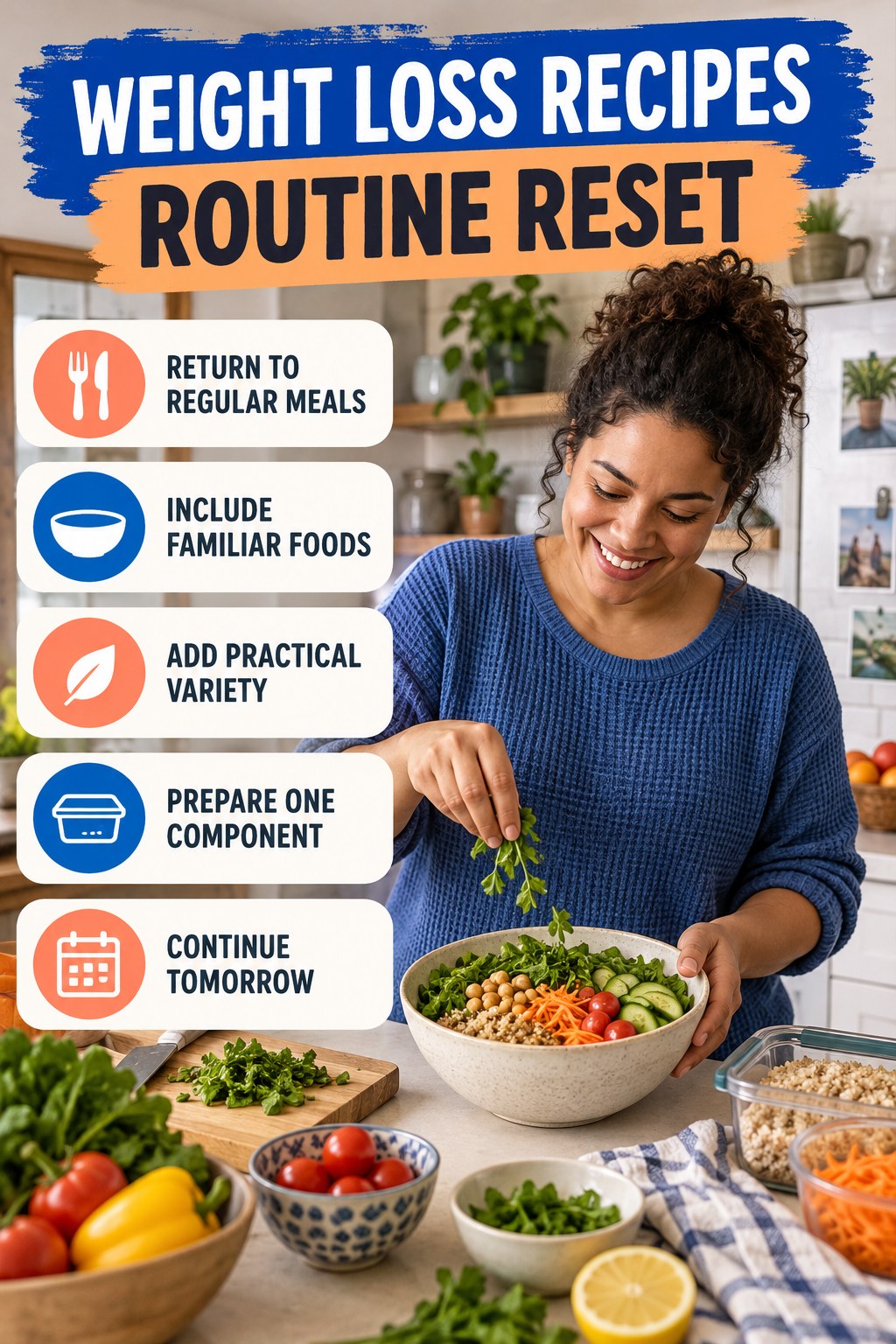 Balanced Meal Routine Reset for Weight Loss Recipes with five readable routine-reset cues and a realistic board-relevant wellness scene.