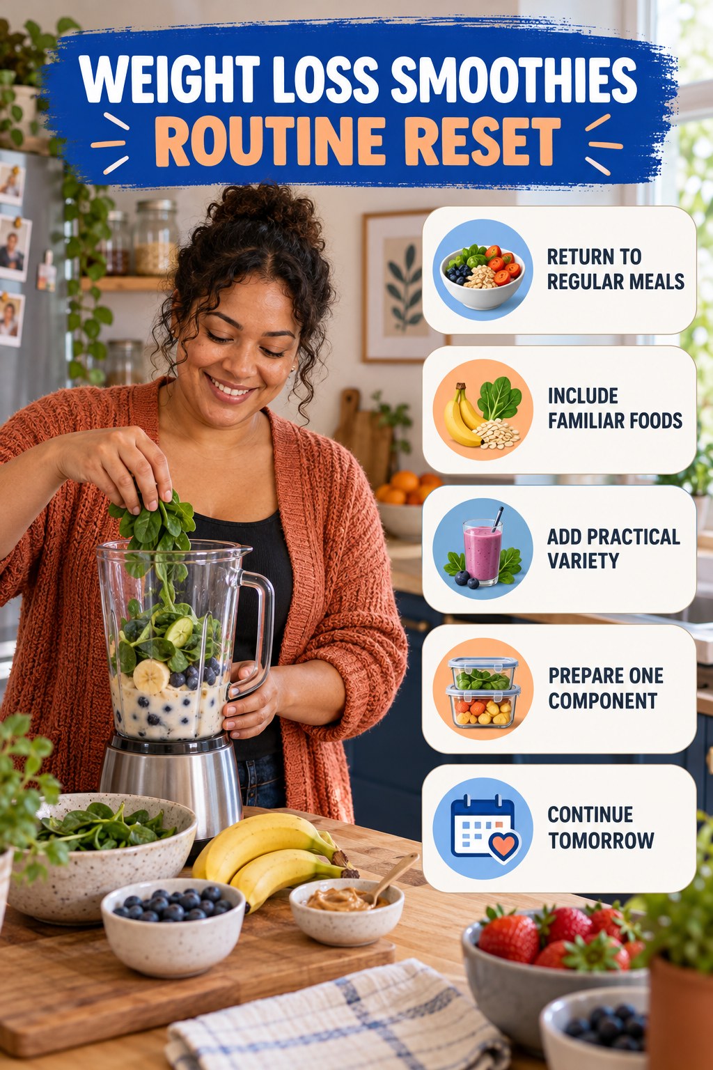 Balanced Meal Routine Reset for Weight Loss Smoothies with five readable routine-reset cues and a realistic board-relevant wellness scene.