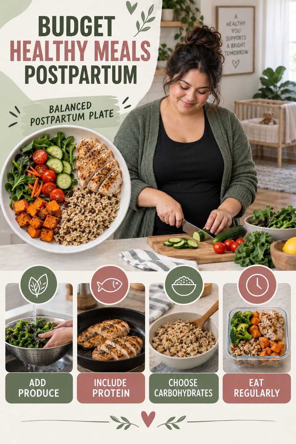 Budget Healthy Meals postpartum graphic titled Balanced Postpartum Plate with four gradual recovery-aware prompts.