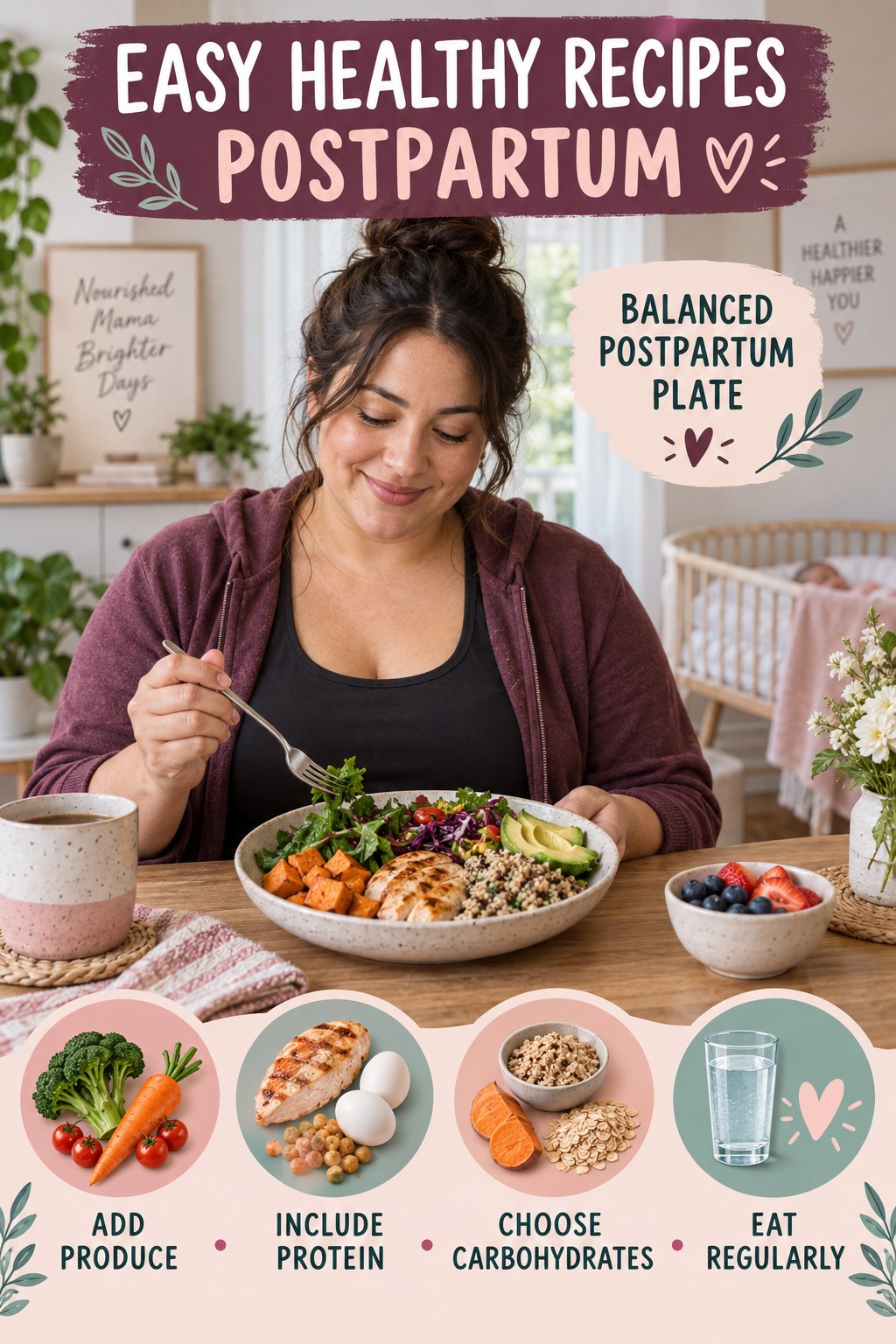 Easy Healthy Recipes postpartum graphic titled Balanced Postpartum Plate with four gradual recovery-aware prompts.