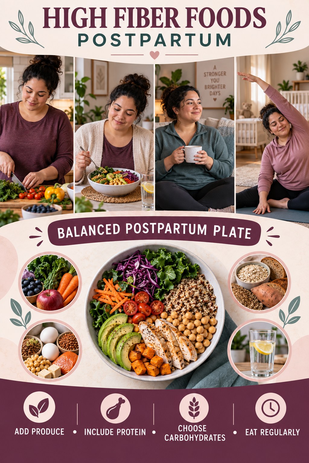 High Fiber Foods postpartum graphic titled Balanced Postpartum Plate with four gradual recovery-aware prompts.