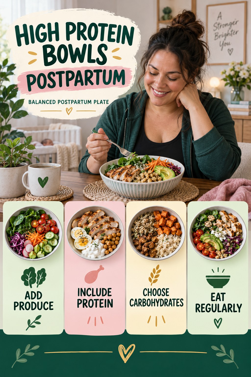 High Protein Bowls postpartum graphic titled Balanced Postpartum Plate with four gradual recovery-aware prompts.