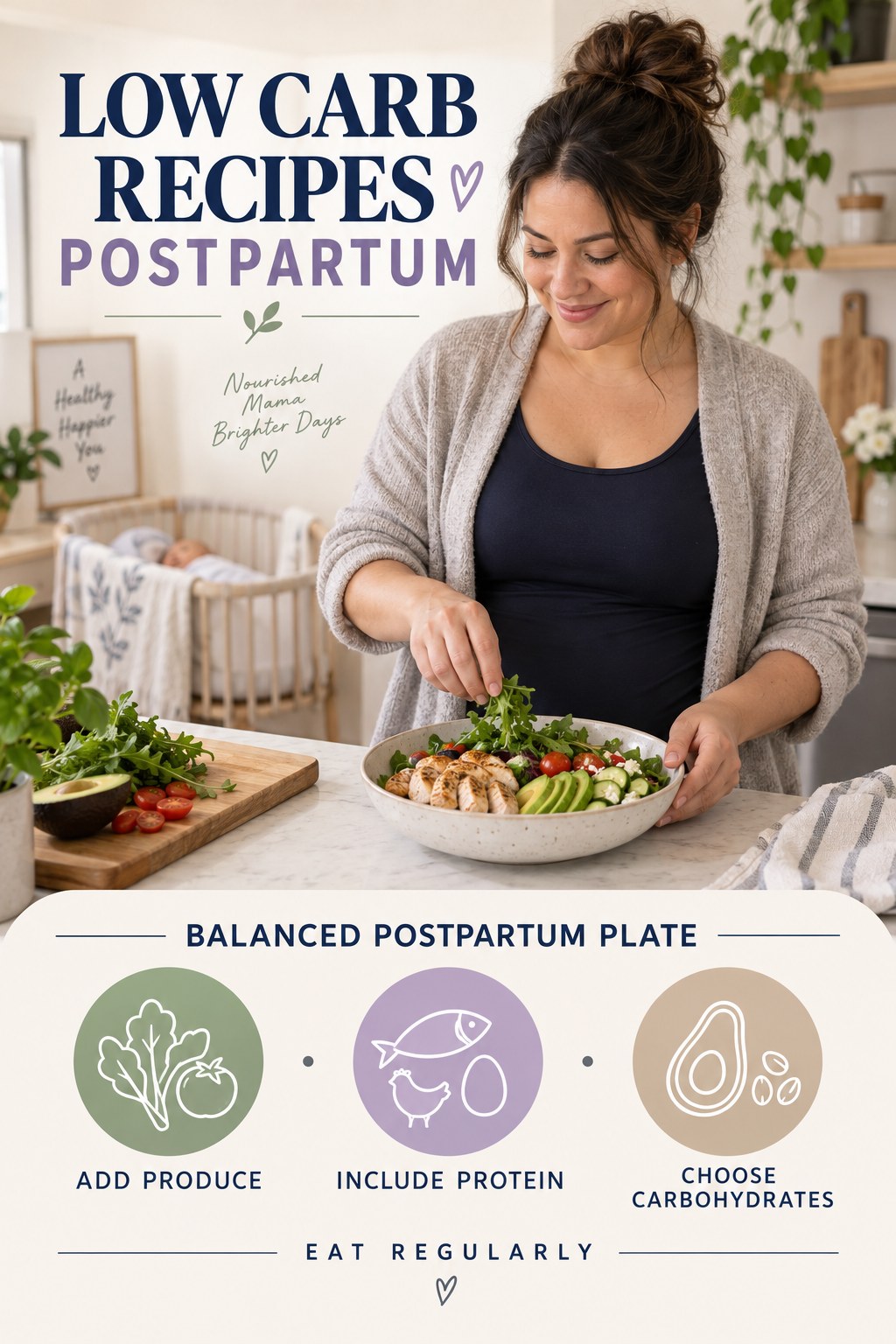 Low Carb Recipes postpartum graphic titled Balanced Postpartum Plate with four gradual recovery-aware prompts.
