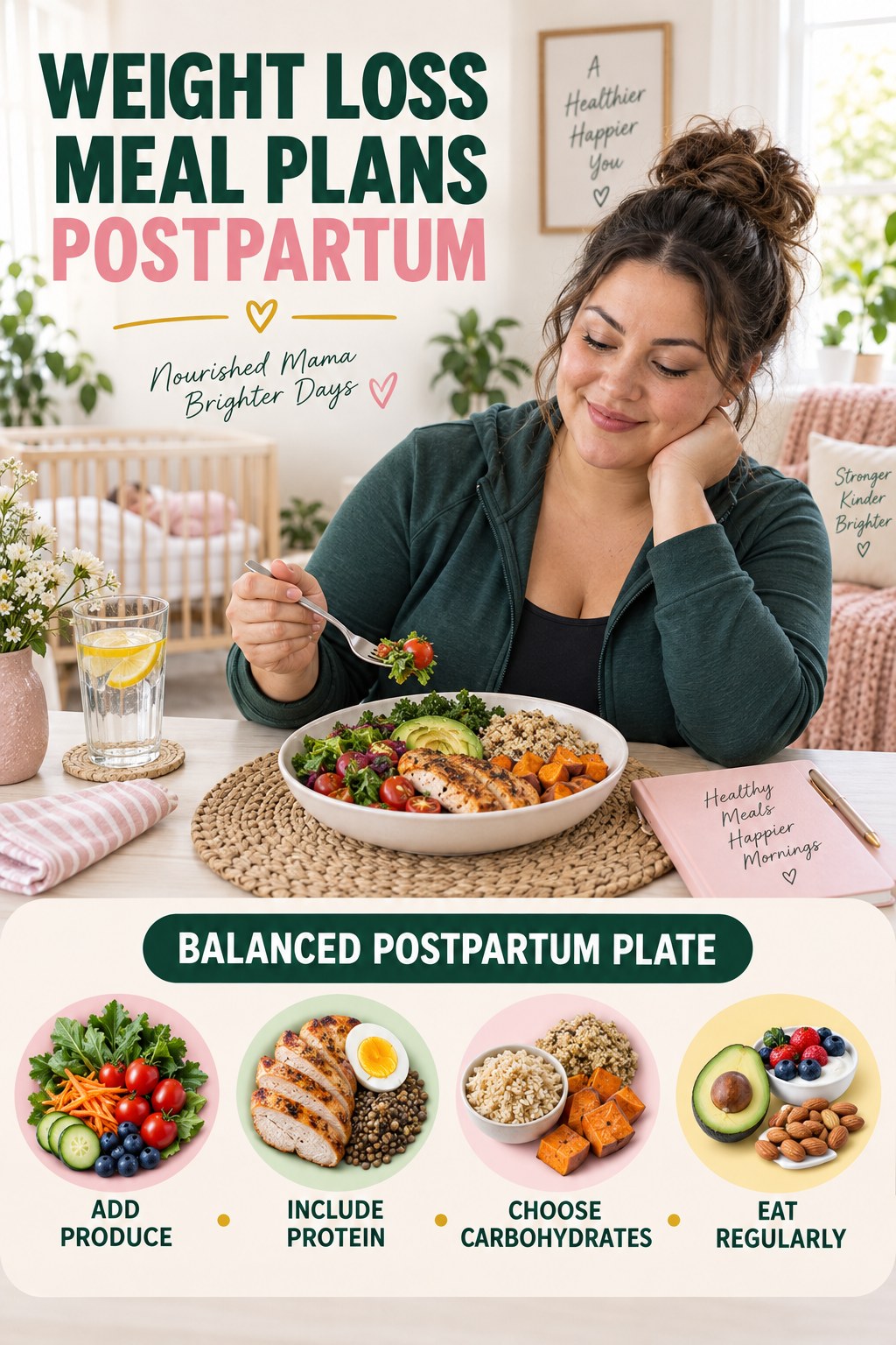 Weight Loss Meal Plans postpartum graphic titled Balanced Postpartum Plate with four gradual recovery-aware prompts.