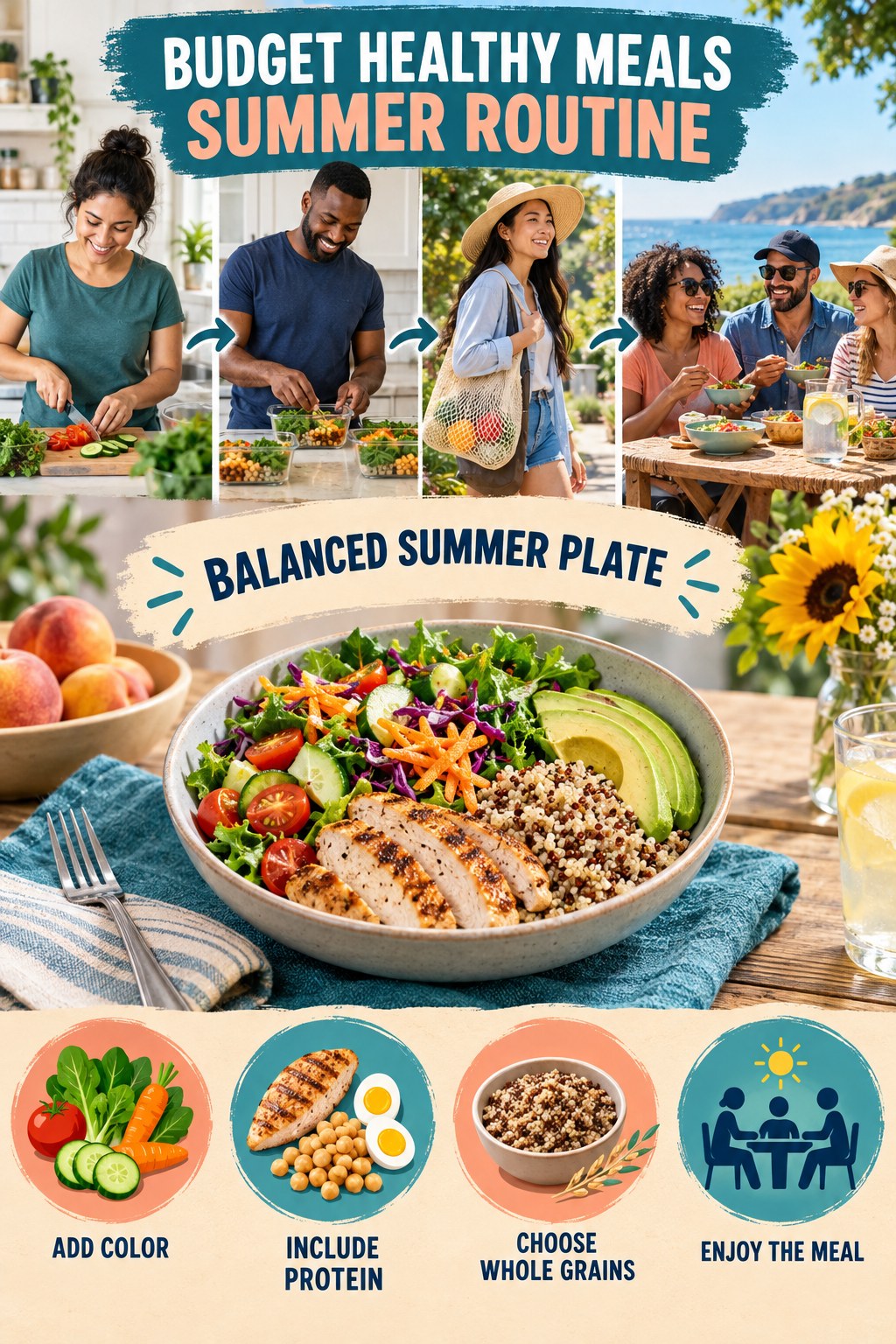 Budget Healthy Meals summer routine graphic titled Balanced Summer Plate with four practical wellness prompts.