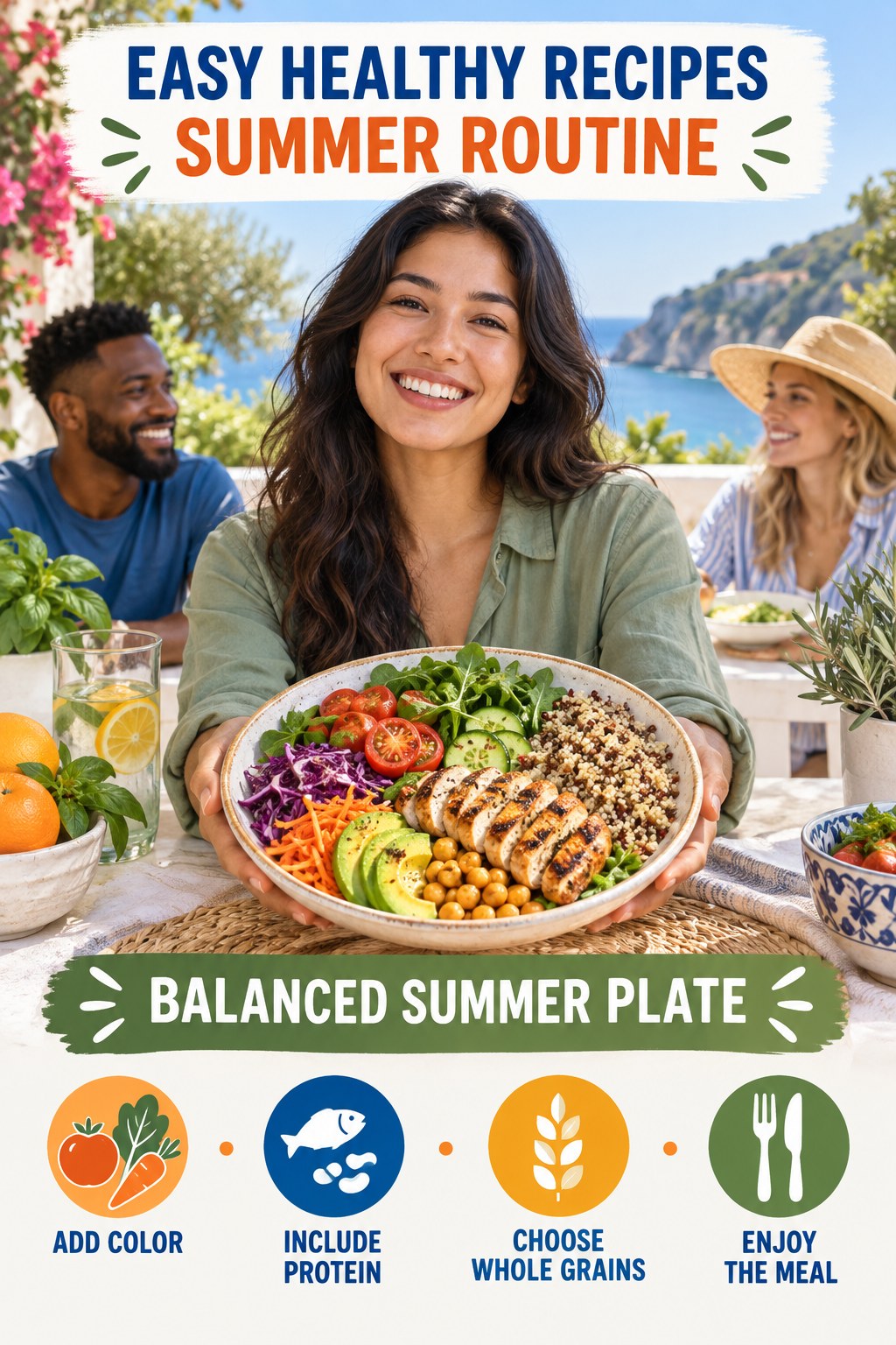 Easy Healthy Recipes summer routine graphic titled Balanced Summer Plate with four practical wellness prompts.