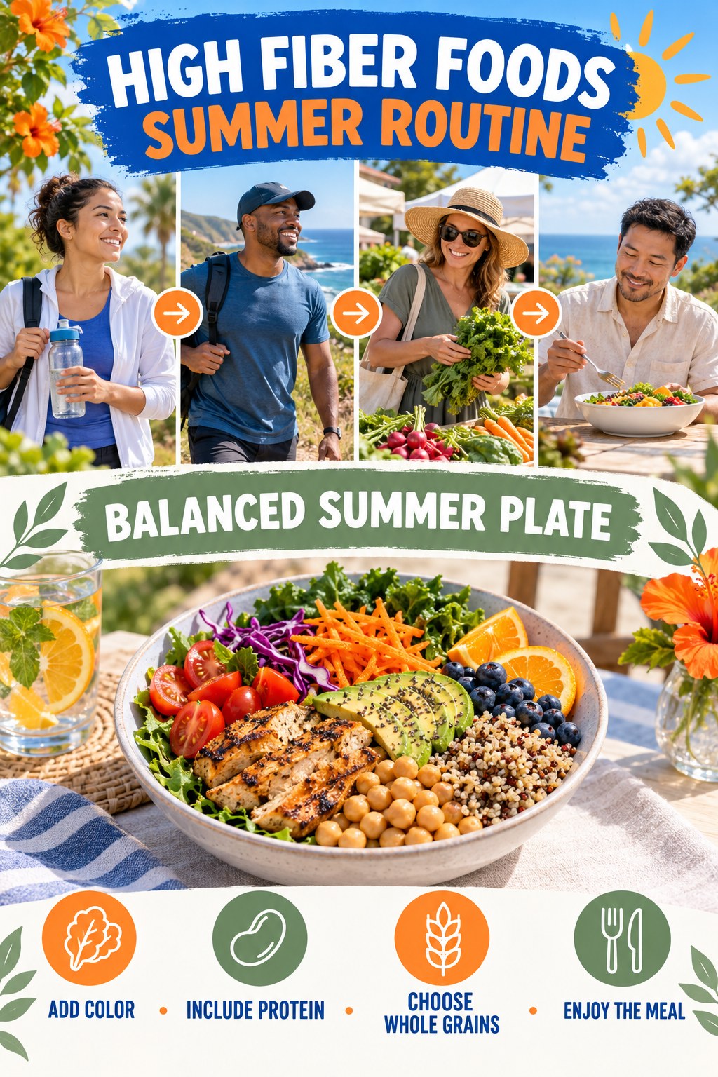 High Fiber Foods summer routine graphic titled Balanced Summer Plate with four practical wellness prompts.