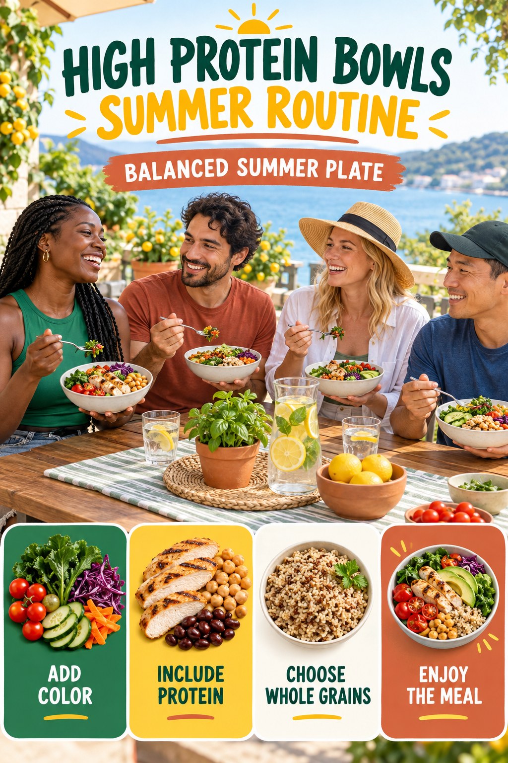 High Protein Bowls summer routine graphic titled Balanced Summer Plate with four practical wellness prompts.
