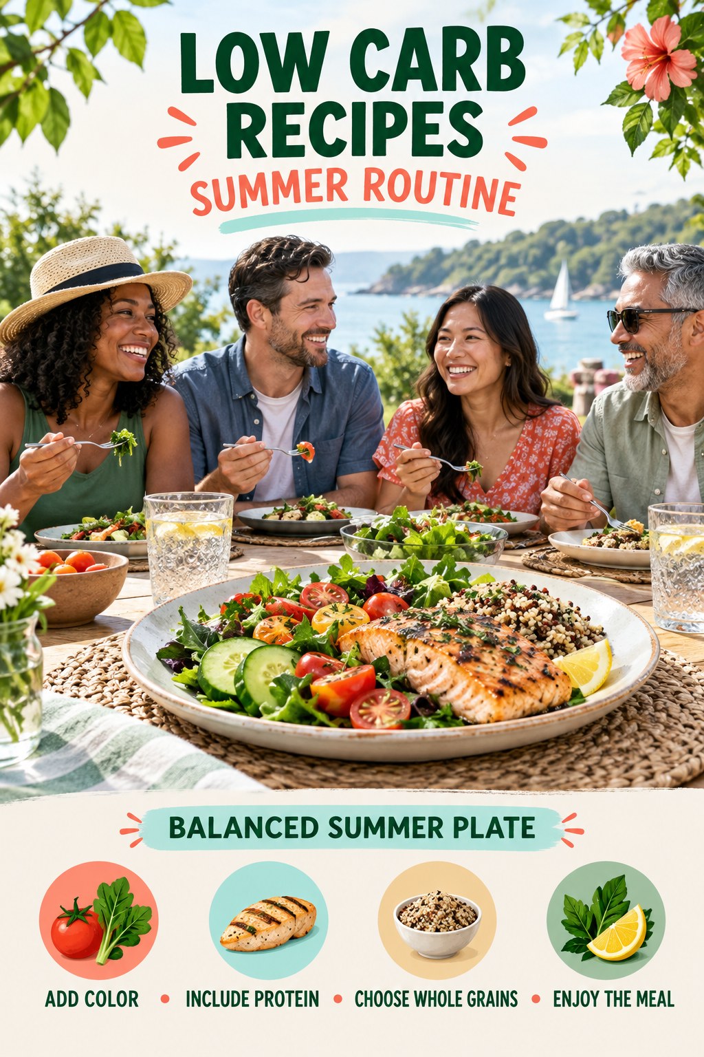 Low Carb Recipes summer routine graphic titled Balanced Summer Plate with four practical wellness prompts.