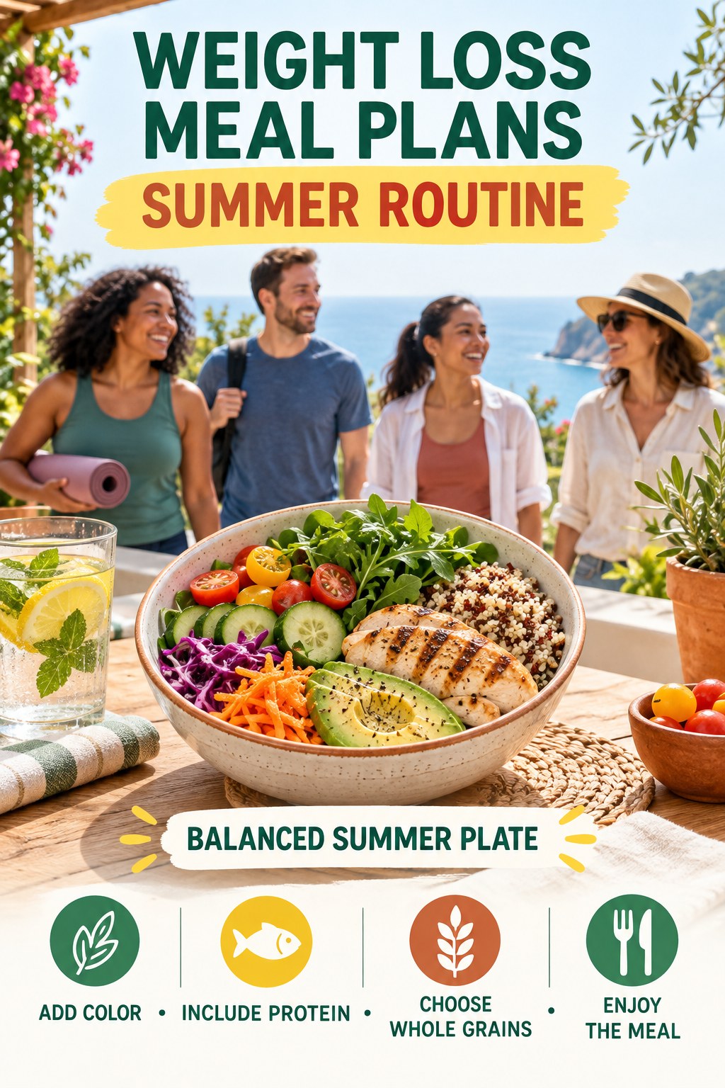 Weight Loss Meal Plans summer routine graphic titled Balanced Summer Plate with four practical wellness prompts.
