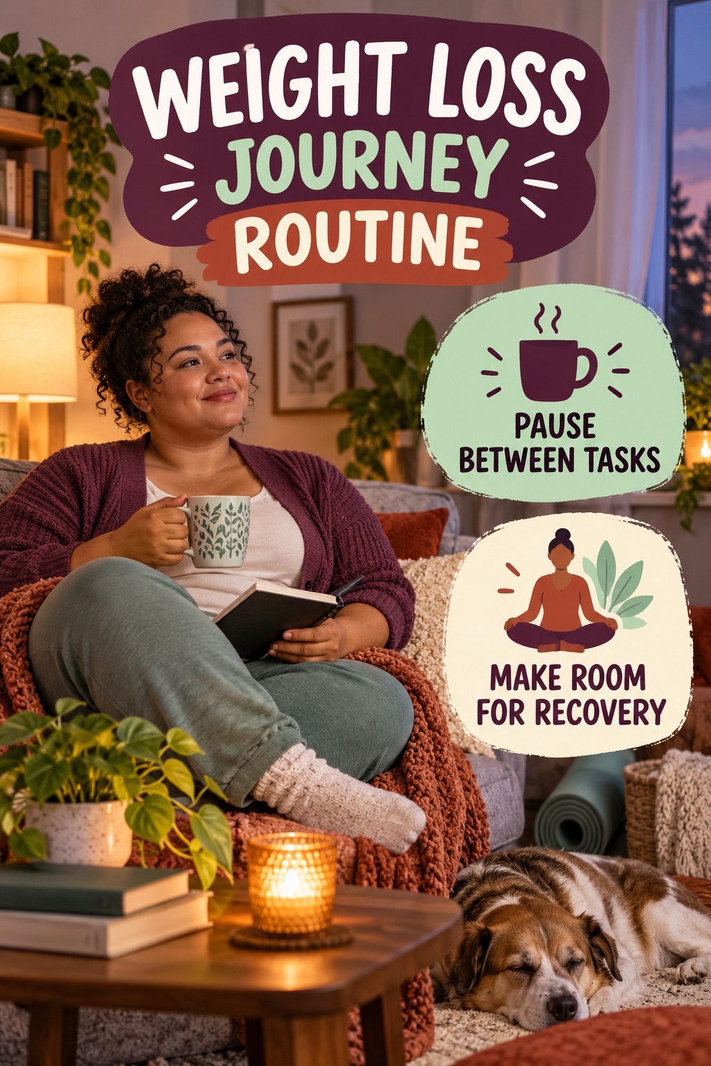 Balanced Workday Rhythm for Weight Loss Journey in a calm living room in evening light, showing a practical, attainable routine with readable guidance.