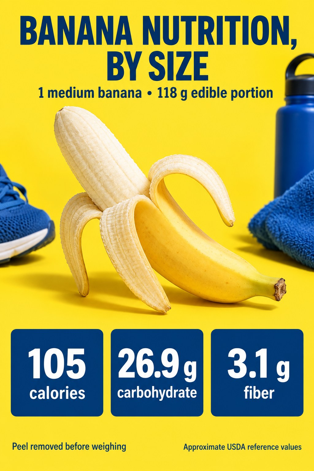 Banana nutrition graphic showing 105 calories, 26.9 g carbohydrate, and 3.1 g fiber for a medium raw banana with 118 g edible portion.