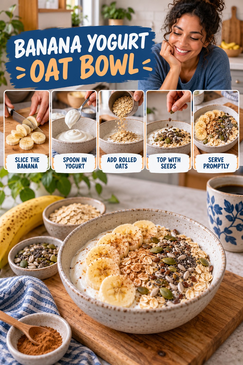 Banana Yogurt Oat Bowl for Cardio Workouts for Weight Loss with five readable preparation cues and a realistic finished dish.