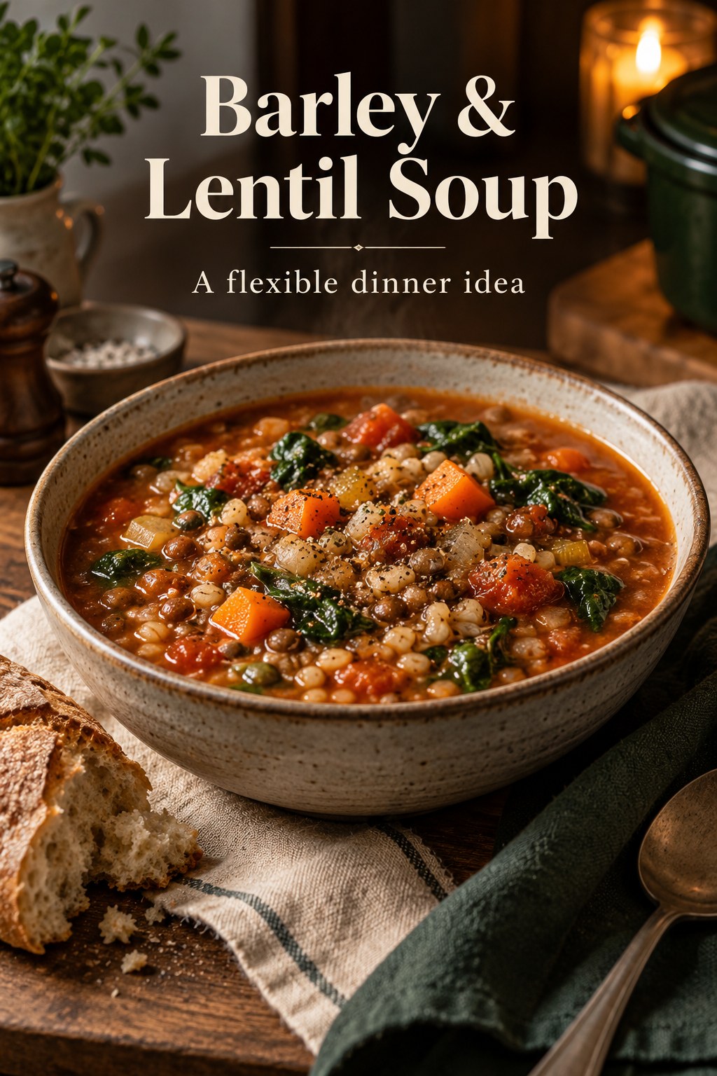Bowl of barley lentil soup with carrots and spinach beside bread