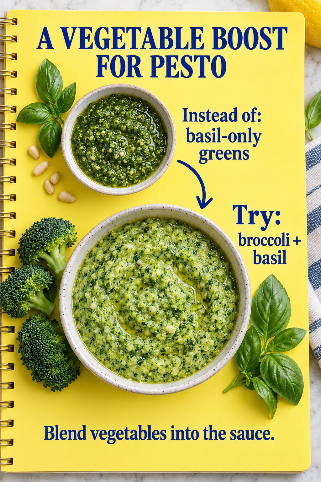 Yellow pesto comparison showing basil-only greens beside broccoli and basil pesto, with a vegetable-boost headline.