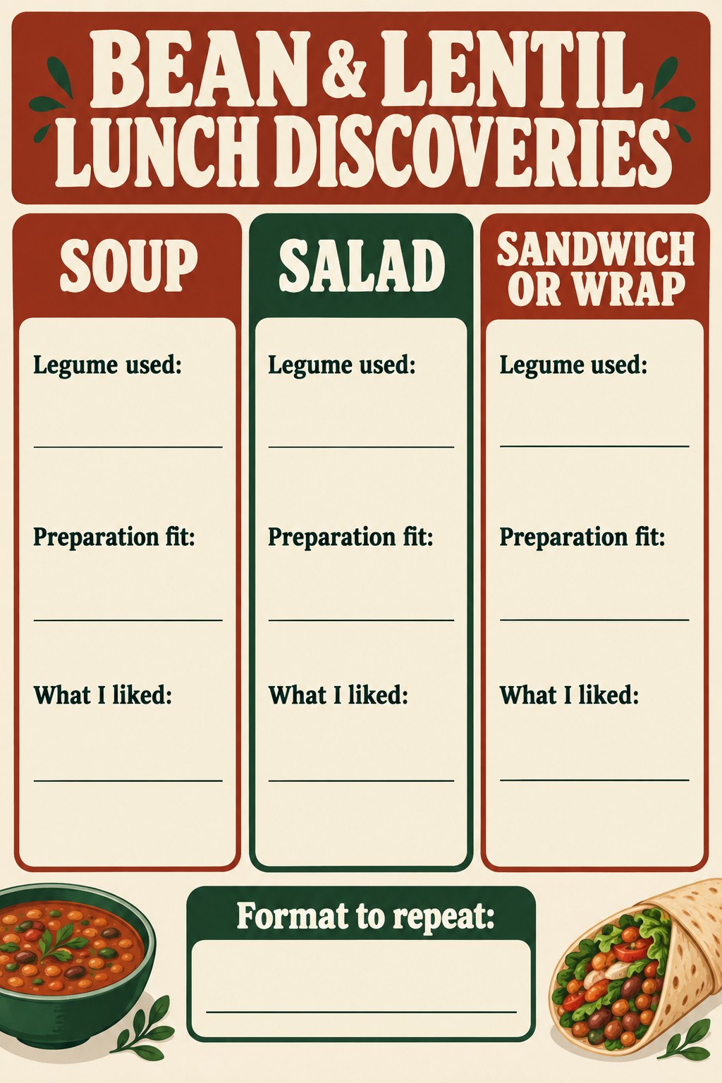 Blank bean and lentil lunch discovery tracker with soup, salad, and sandwich format spaces.