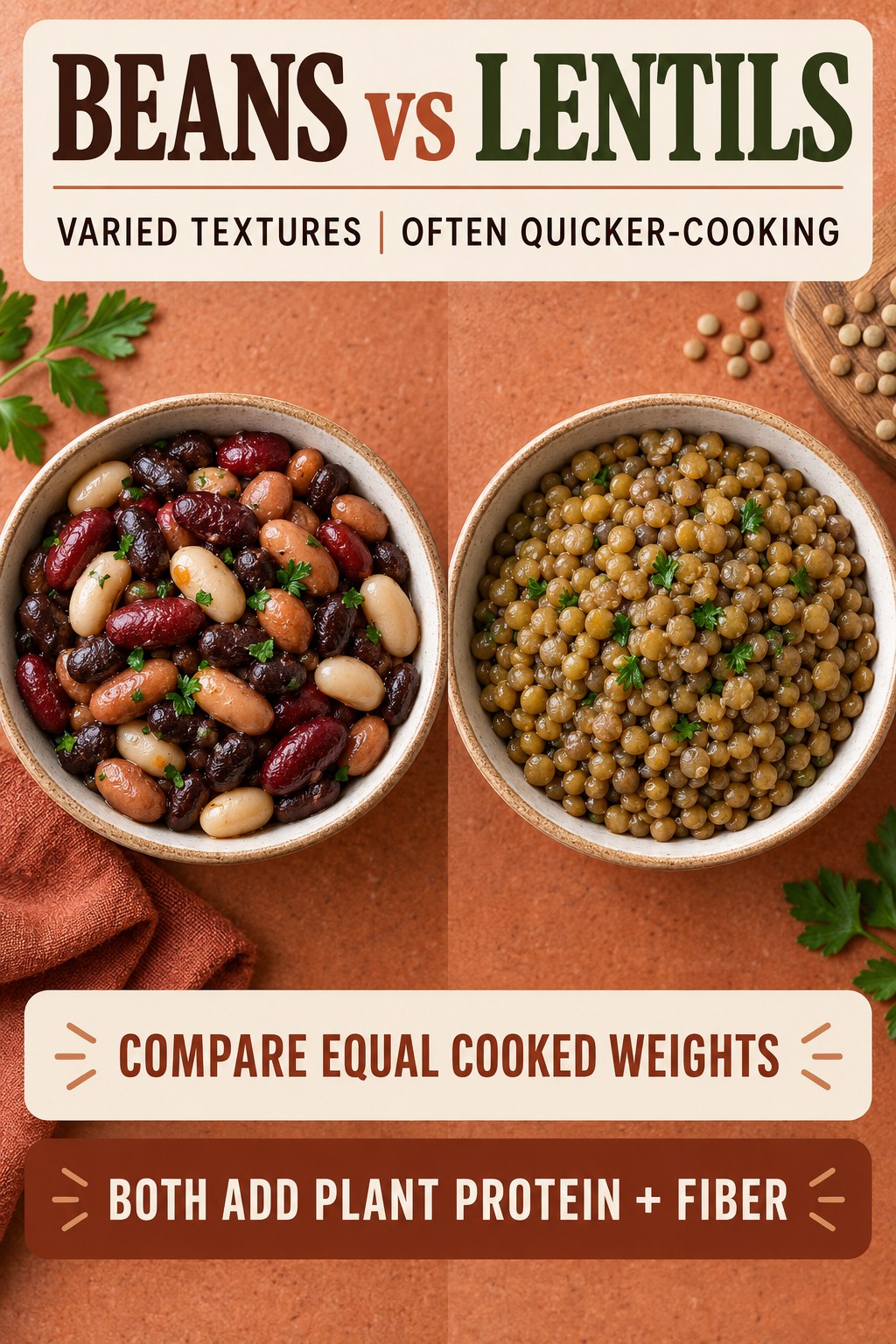 Cooked beans and lentils in equal portions, compared for texture, preparation time, sodium, budget, and recipe uses.