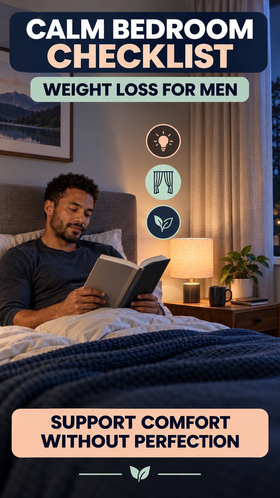 Bedroom Environment Check infographic for Weight Loss for Men, showing a flexible and calming evening wellness routine.