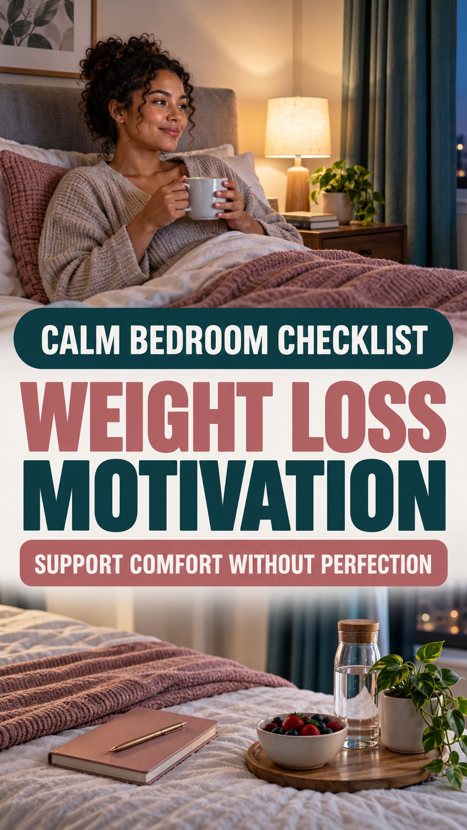 Bedroom Environment Check infographic for Weight Loss Motivation, showing a flexible and calming evening wellness routine.