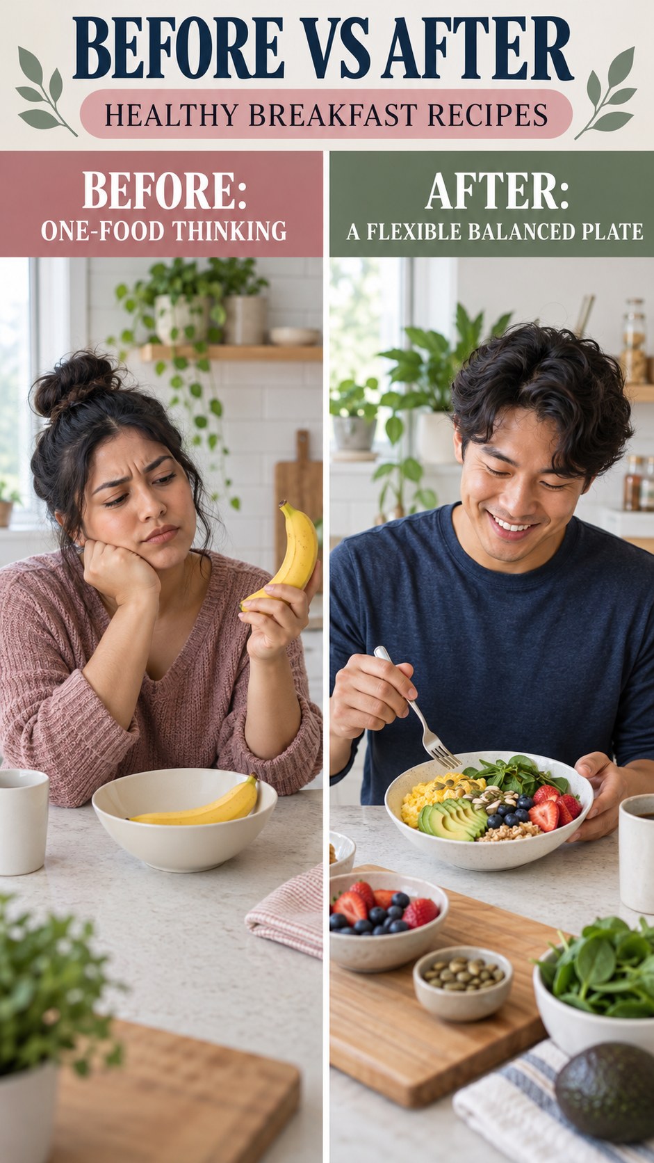 Illustrative before-and-after balanced meal planning comparison for Healthy Breakfast Recipes, from one-food thinking to a flexible balanced plate.