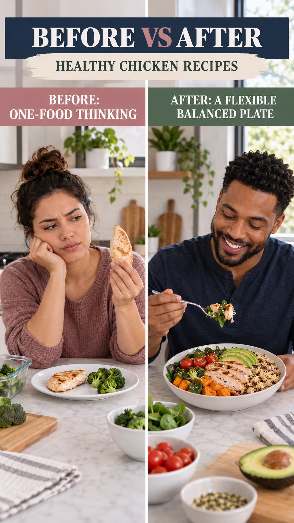 Illustrative before-and-after balanced meal planning comparison for Healthy Chicken Recipes, from one-food thinking to a flexible balanced plate.