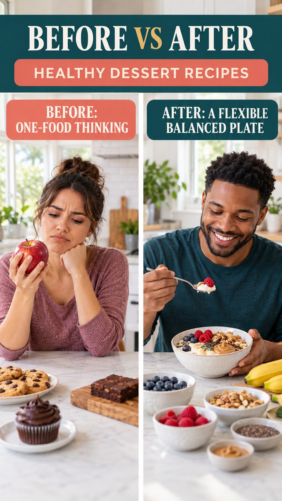 Illustrative before-and-after balanced meal planning comparison for Healthy Dessert Recipes, from one-food thinking to a flexible balanced plate.