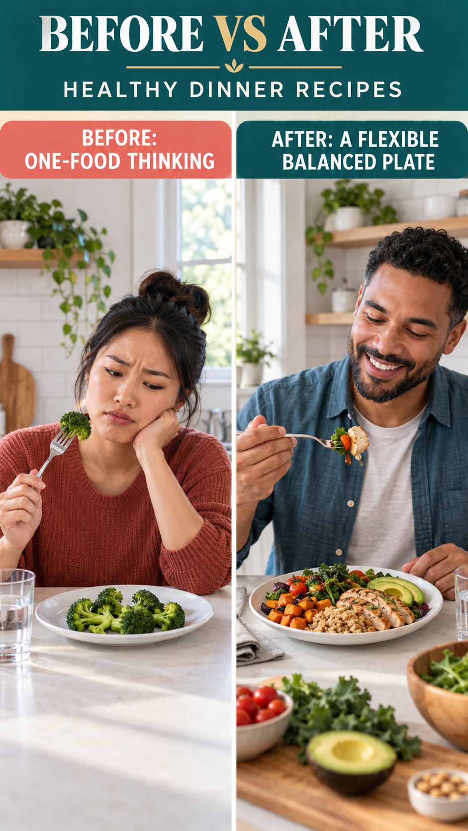 Illustrative before-and-after balanced meal planning comparison for Healthy Dinner Recipes, from one-food thinking to a flexible balanced plate.